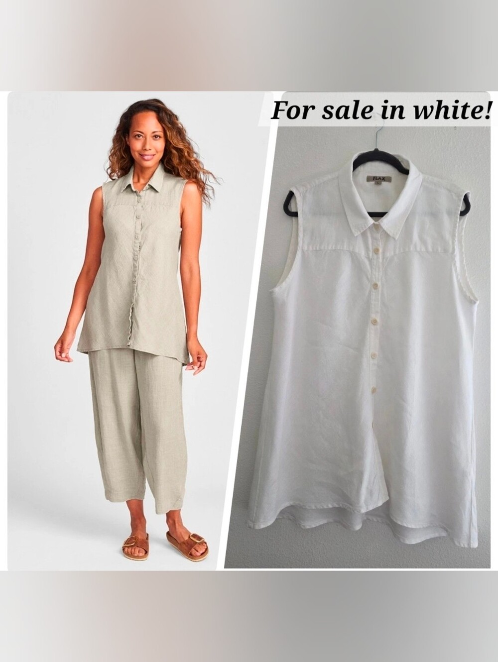 Flax Linen Skyline Top Sleeveless Button Front Collared Tunic Lagenlook White L